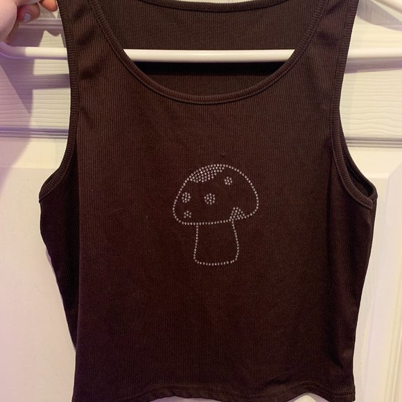 Brown tank top crop top mushroom rhinestones - Picture 1 of 2